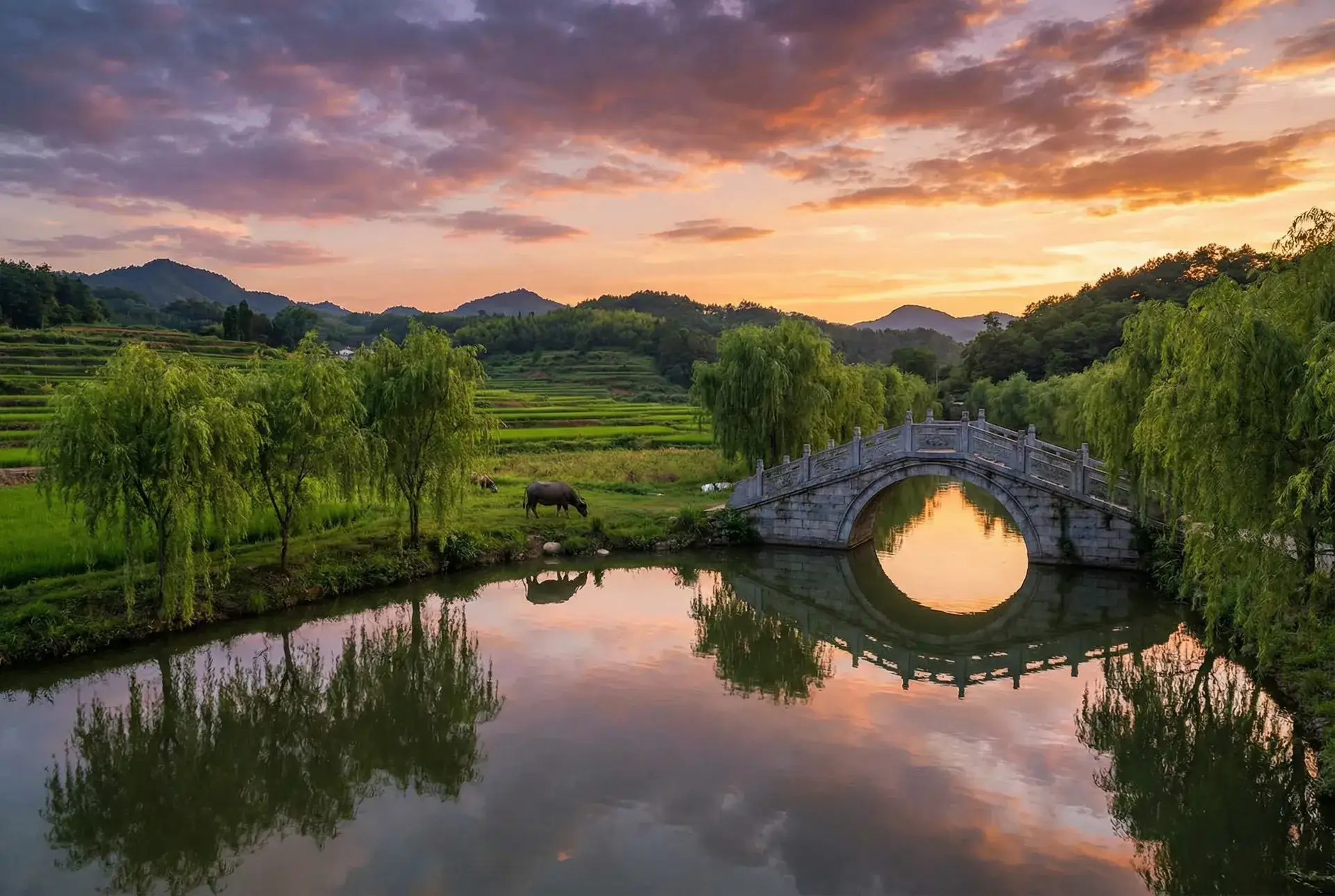 夕阳下的石拱桥与垂柳，水牛在河边吃草 - 大耳朵图图第四部 乡村美景